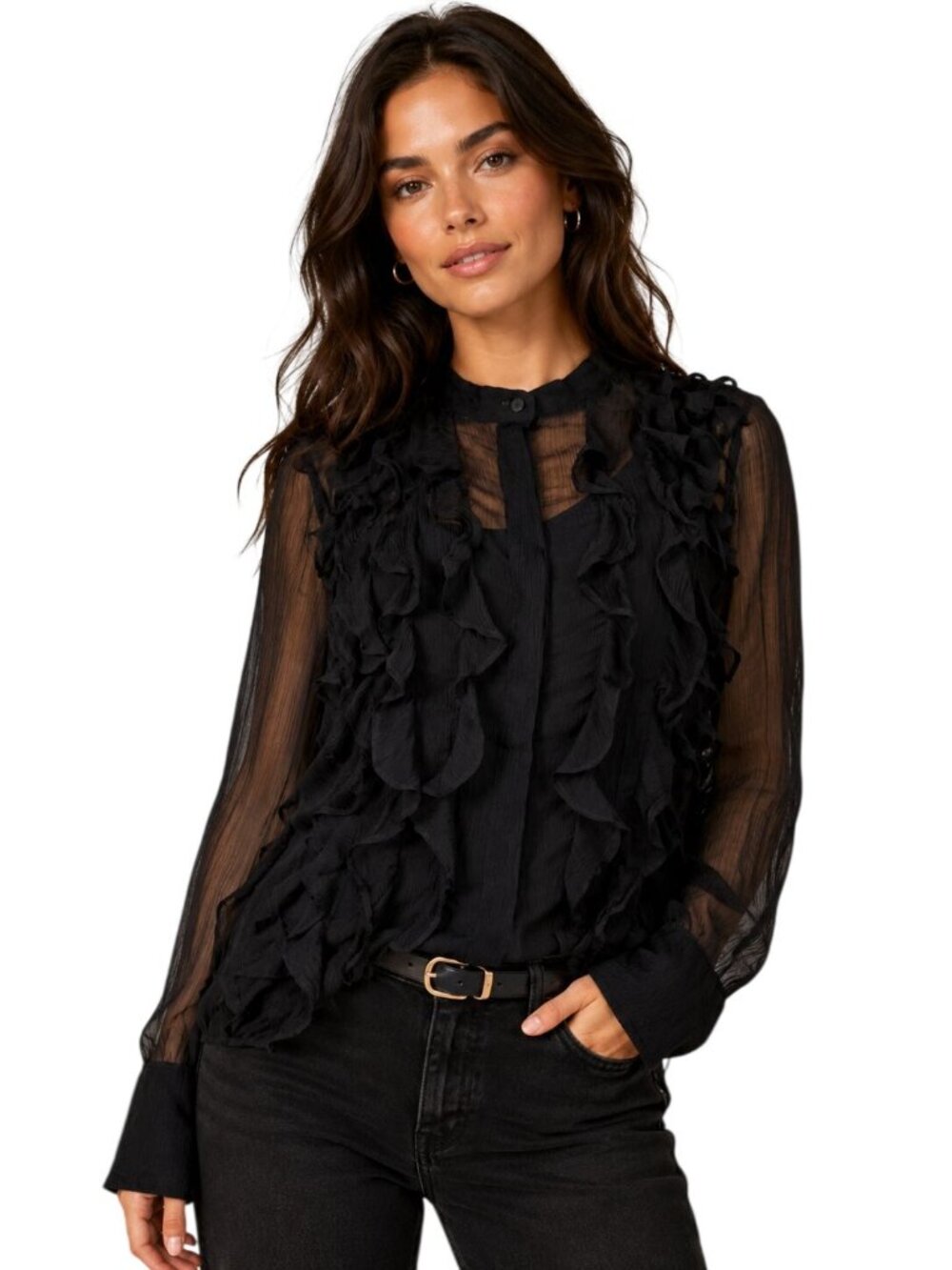 J.Crew Womens Size 8 Sheer Ruffle Blouse Black 100% Cupro Long Sleeve Romantic T